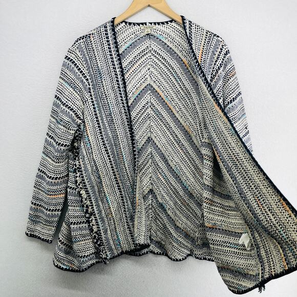 LUCKY BRAND Cardigan Womens L Open Front Fringe Sweater Shawl Cotton Black - Picture 2 of 11